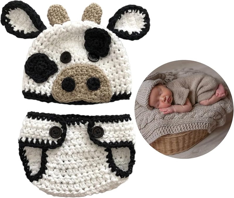 Crochet Cow Hat Shorts Outfit Set Newborn Photography Animal Costume Photo Props - Image 2